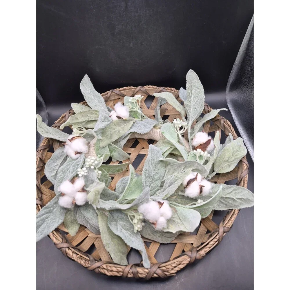 Lambs Ear Cotton Boll Front Door Wreath  18